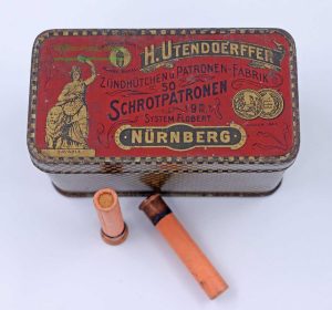 H. Utendoerffer, Nürnberg Flobert in original Blechdose 9mm Flobert Doppelschrot