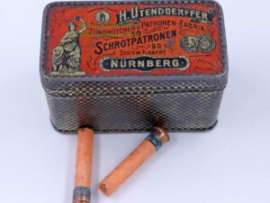 H. Utendoerffer, Nürnberg Flobert in original Blechdose 9mm Flobert Doppelschrot