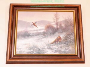 Josef Csiszar Fuchs mit aufsteigendem Fasan in winterlicher Landschaft